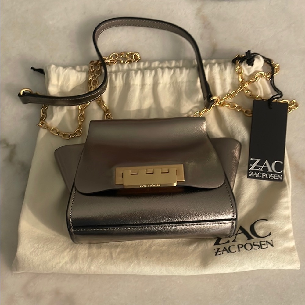 ZAC Zac Posen Eartha Metallic Silver Mini Crossbody Bag $295 Retail dust bag NEW - Picture 2 of 10